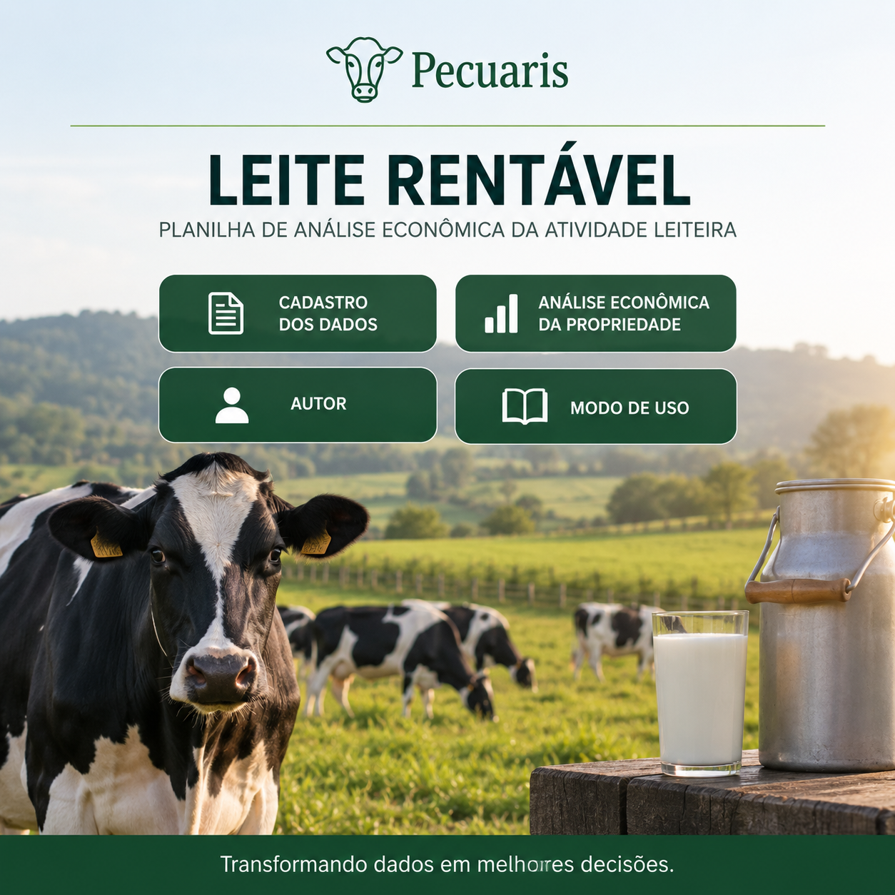 Planilha Leite Rentável para análise econômica da atividade leiteira, com cadastro de dados, custos e análise financeira da propriedade.