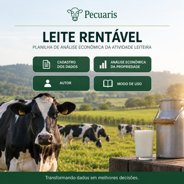 Planilha Leite Rentável para análise econômica da atividade leiteira, com cadastro de dados, custos e análise financeira da propriedade.